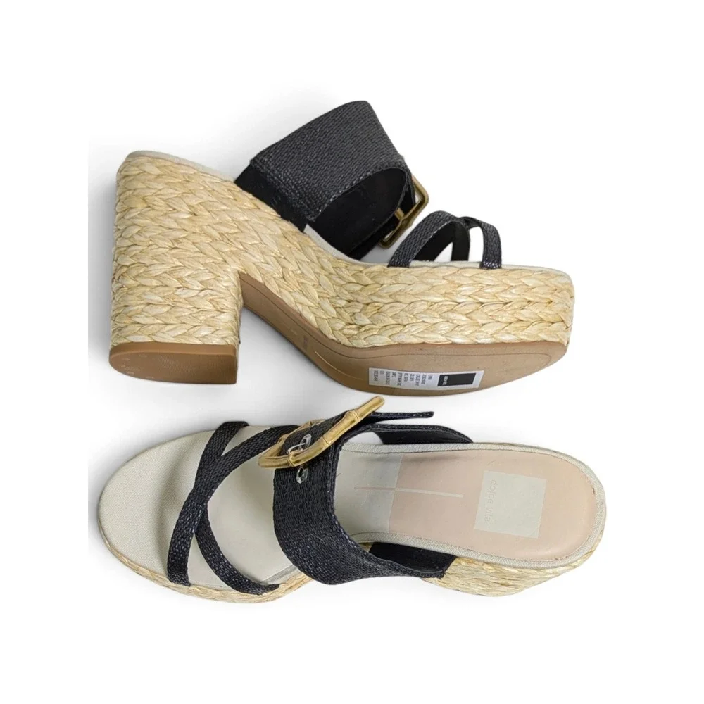 Dolce Vita Edwina Platform Black Raffia Woven Block Heel Bamboo Buckle Mules 9